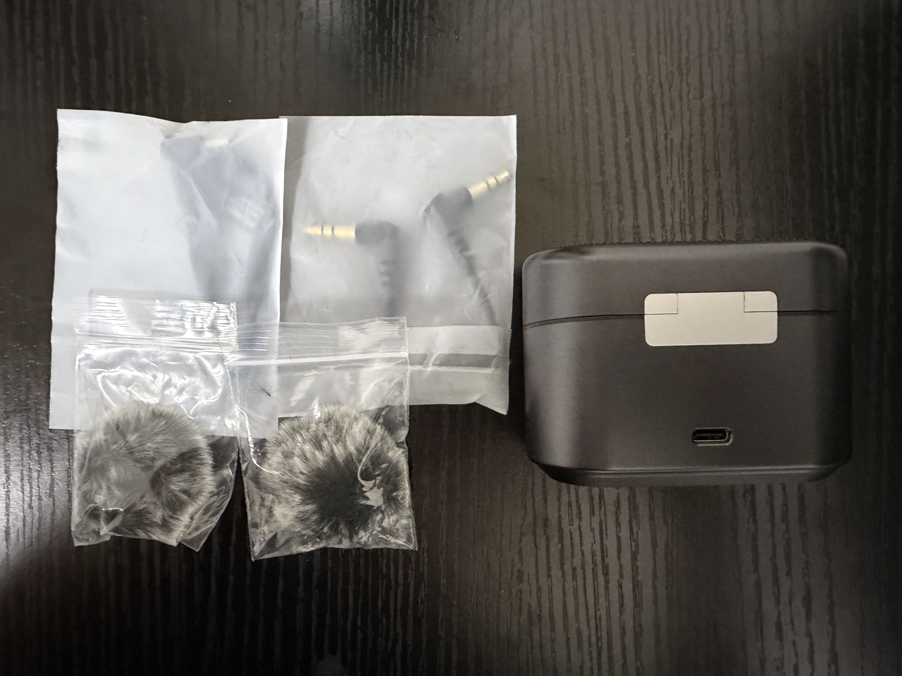 付属のウインドスクリーン2個とケーブル類、充電ケース