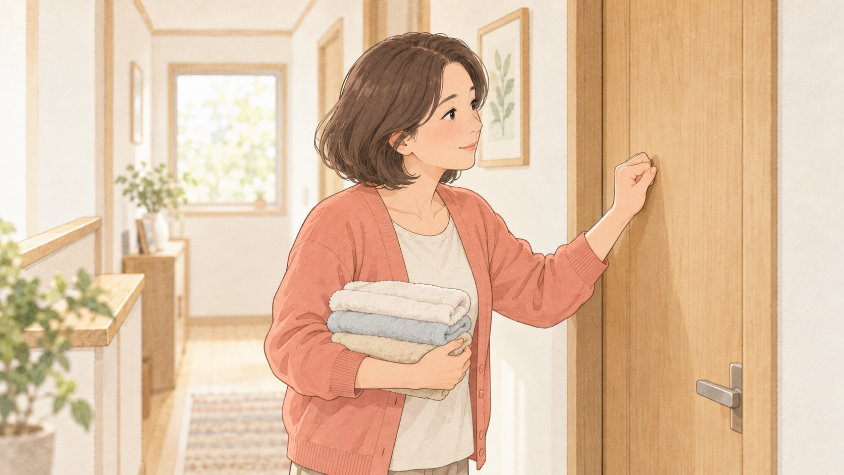 子ども部屋のドアをノックし、返事を待つ母親のイラスト