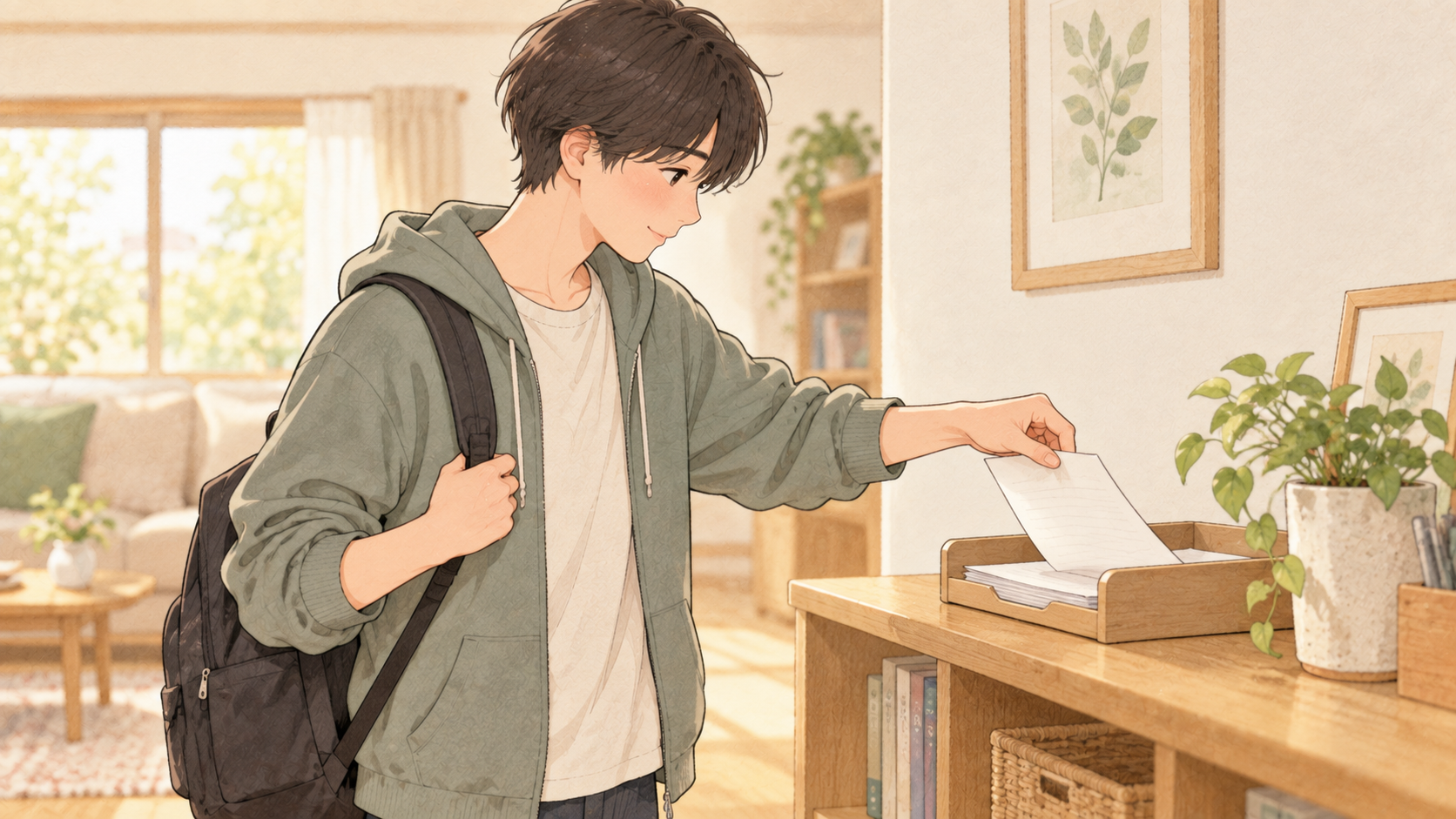 学校のプリントを自分でリビングのトレーに出す高校生の息子のイラスト