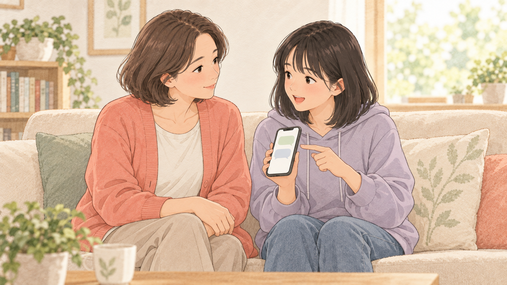 スマホを自分から見せて母親に相談する中学生の娘のイラスト