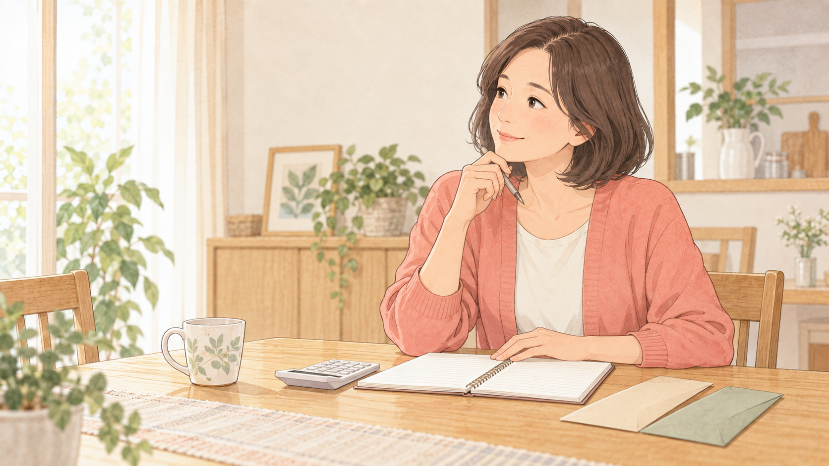 大学生の娘への仕送りの予算をノートで考える母親のイラスト