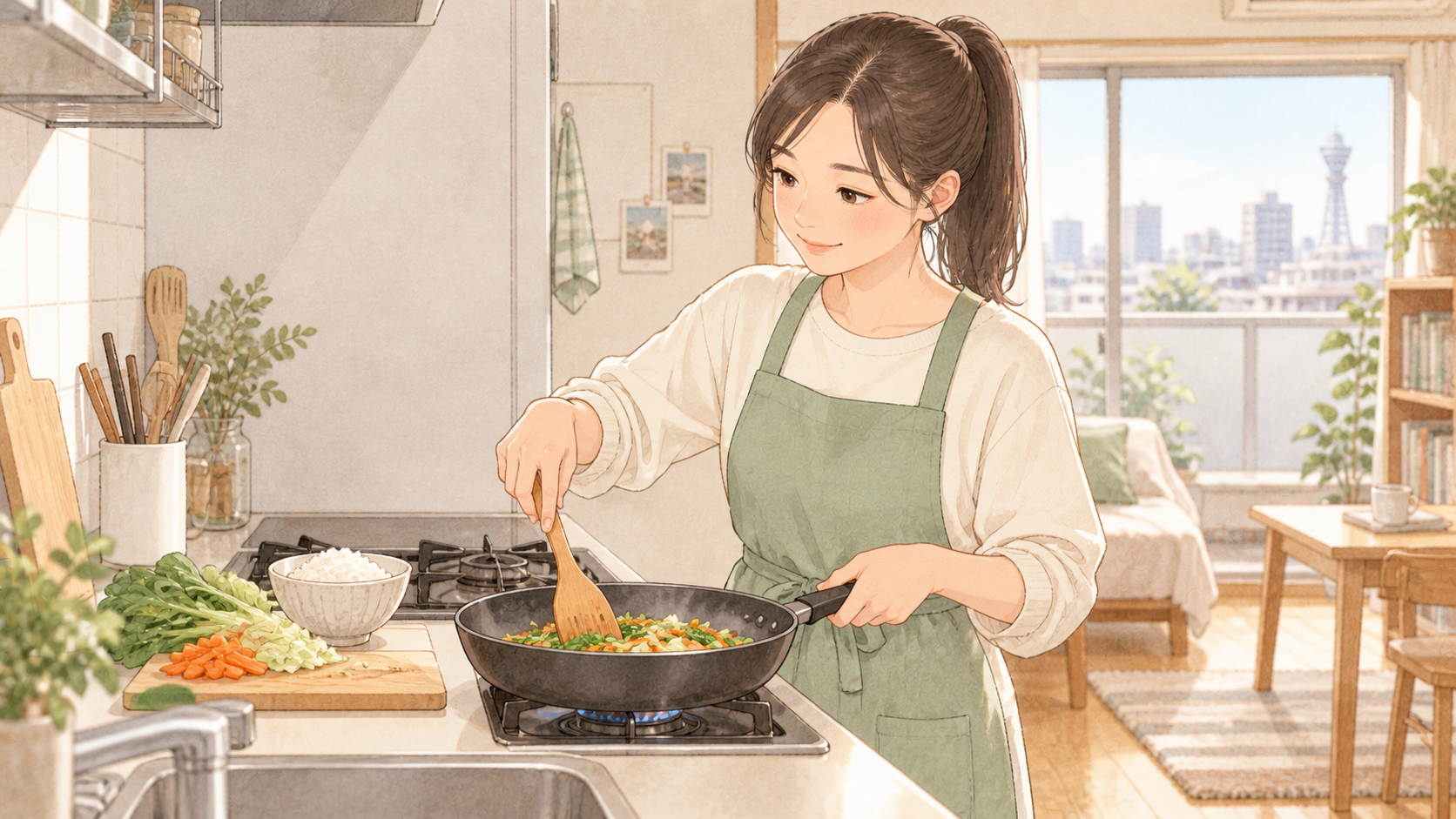 一人暮らしのキッチンで自炊する大学生の娘のイラスト