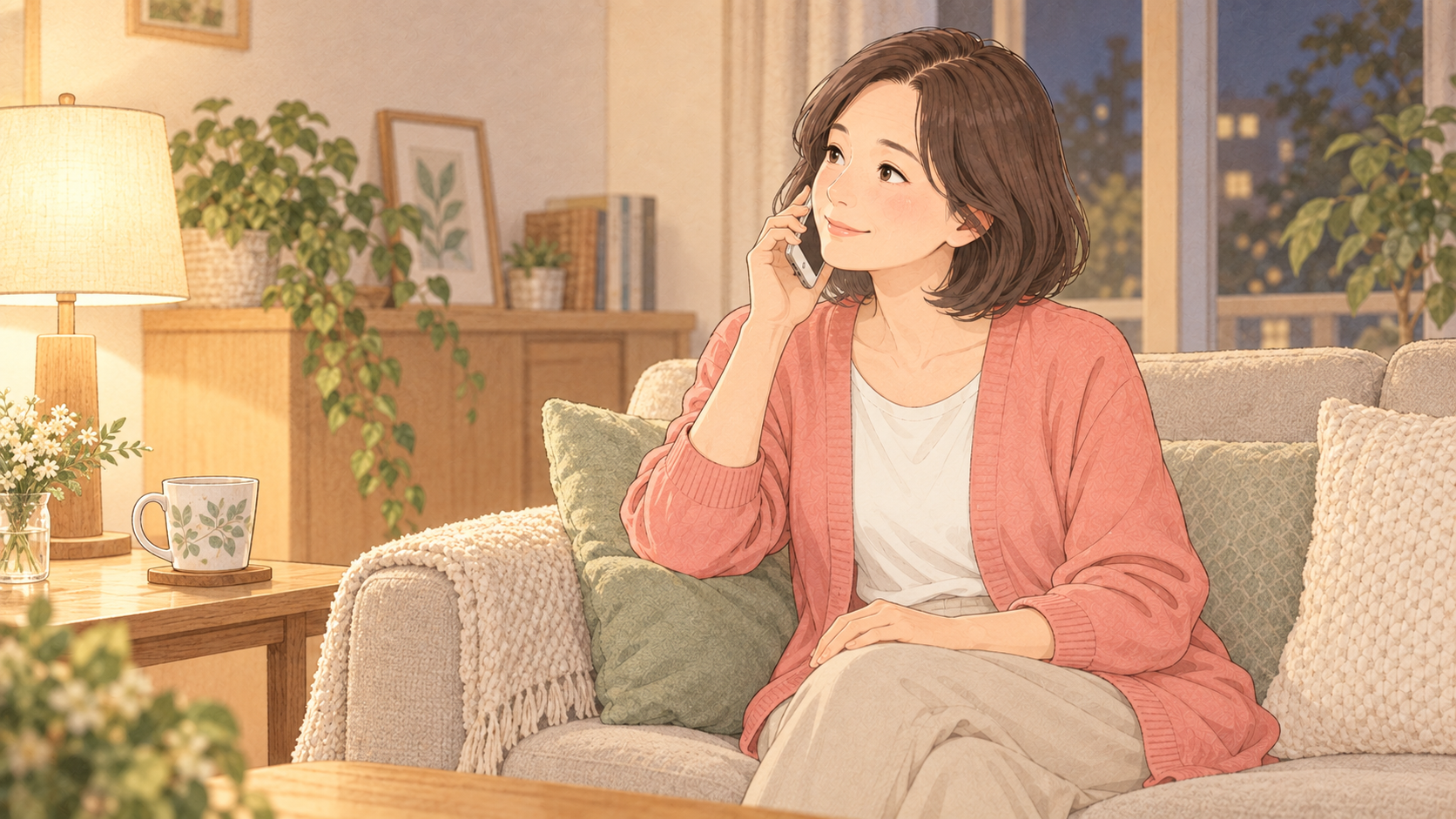 離れて暮らす娘と月に一度の電話をする母親のイラスト