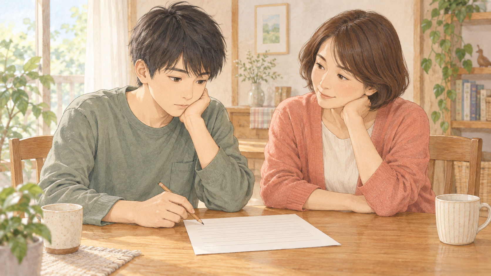 進路の用紙を前に、息子の話を穏やかに聞く母親のイラスト