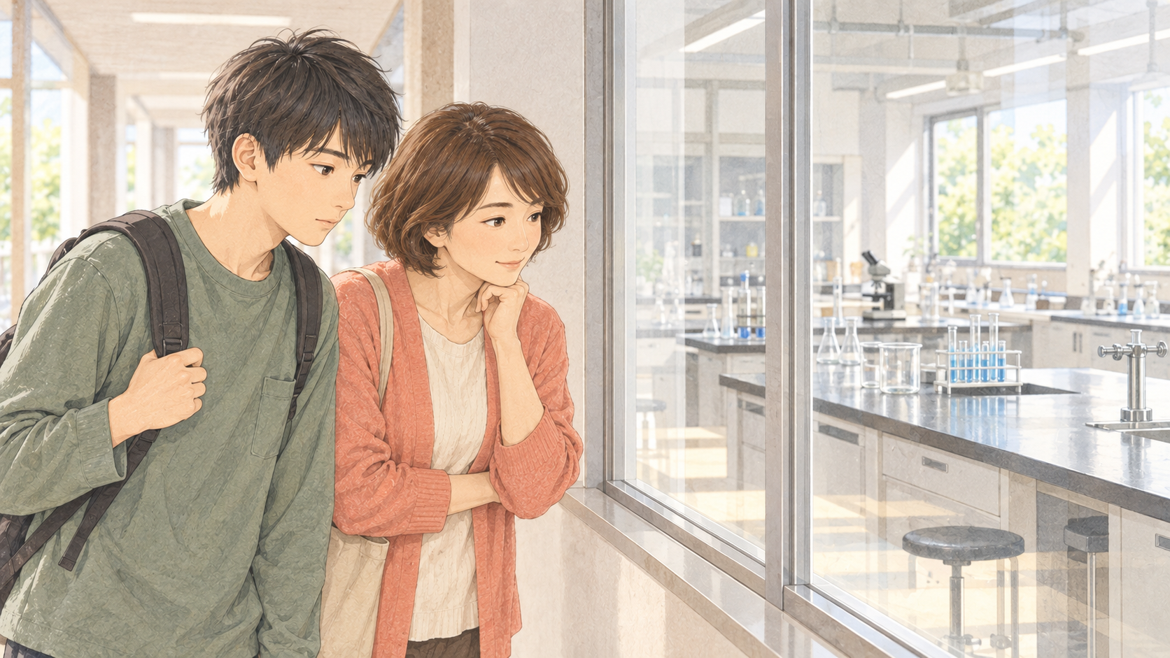 大学の実験室を廊下から見学する母親と高校生の息子のイラスト