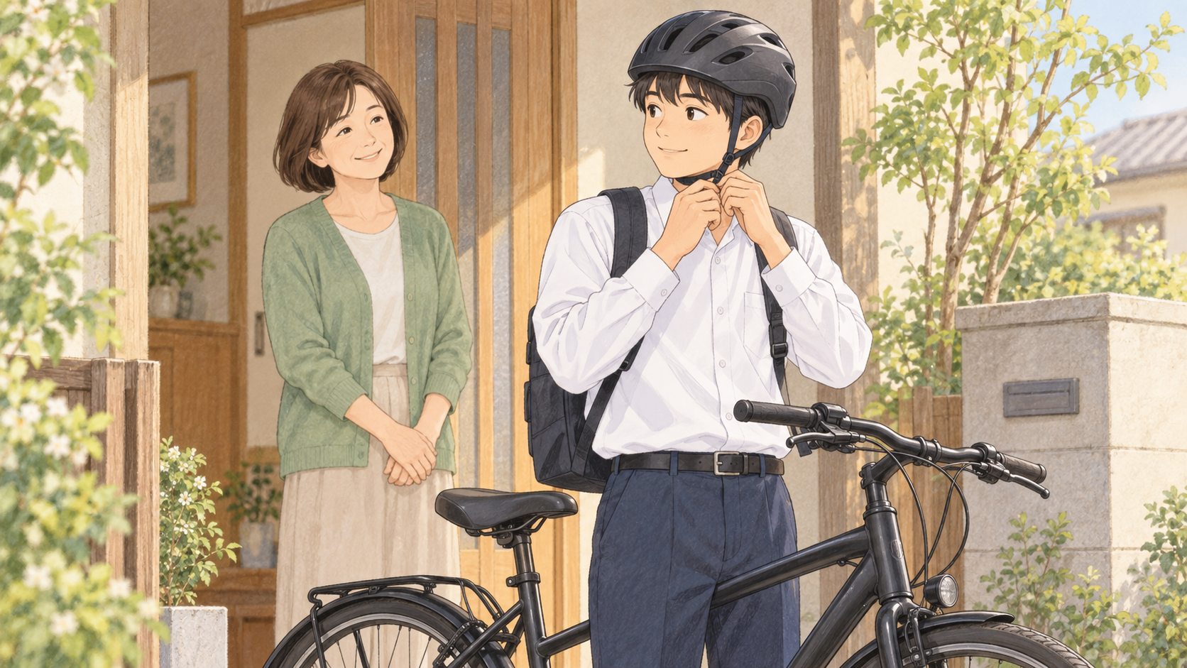 ヘルメットを着けて自転車の横に立つ高校生と見送る母親のイラスト