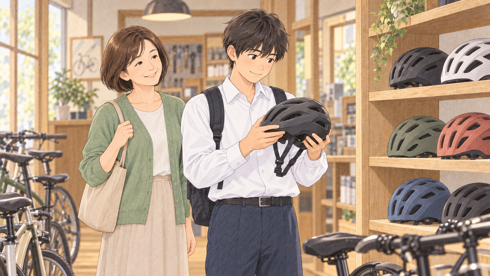 自転車店でヘルメットを選ぶ高校生と母親のイラスト
