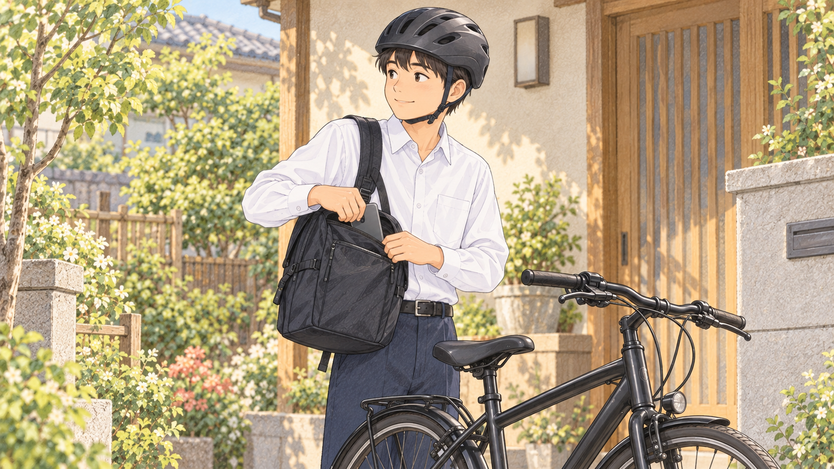 停めた自転車の横でスマートフォンを通学かばんにしまう高校生のイラスト
