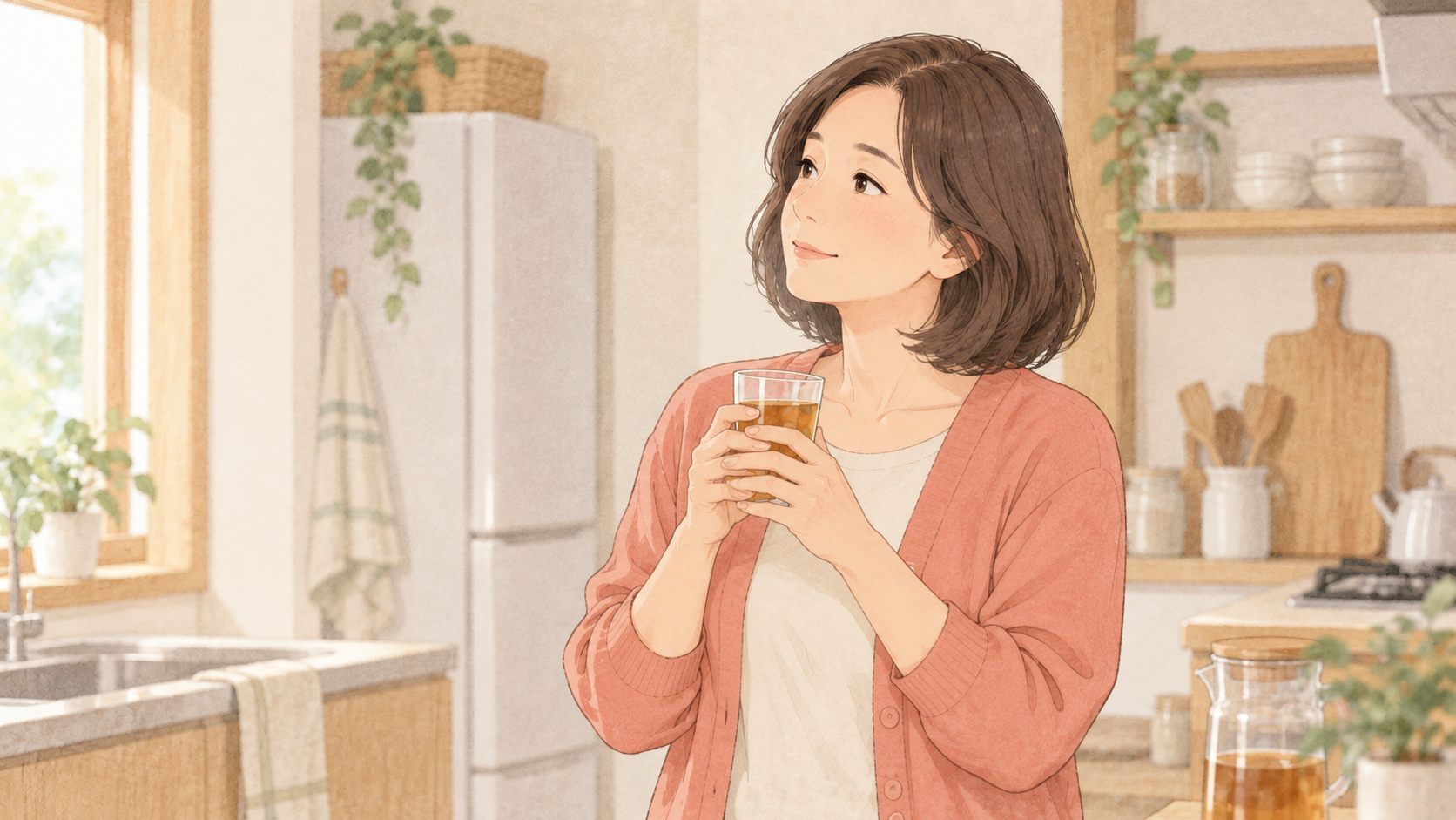 台所で麦茶を手に心を落ち着かせる母親のイラスト