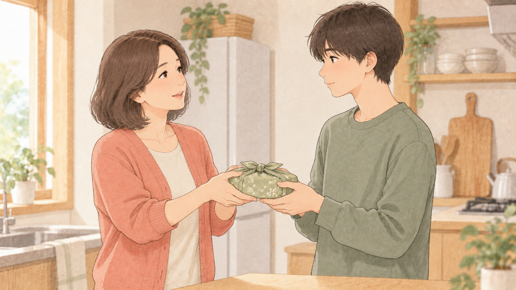 朝のお弁当を渡しながら息子と穏やかに話す母親のイラスト