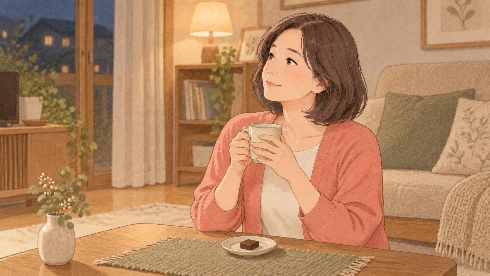 夜にチョコレートと温かい飲み物でひと息つく母親のイラスト