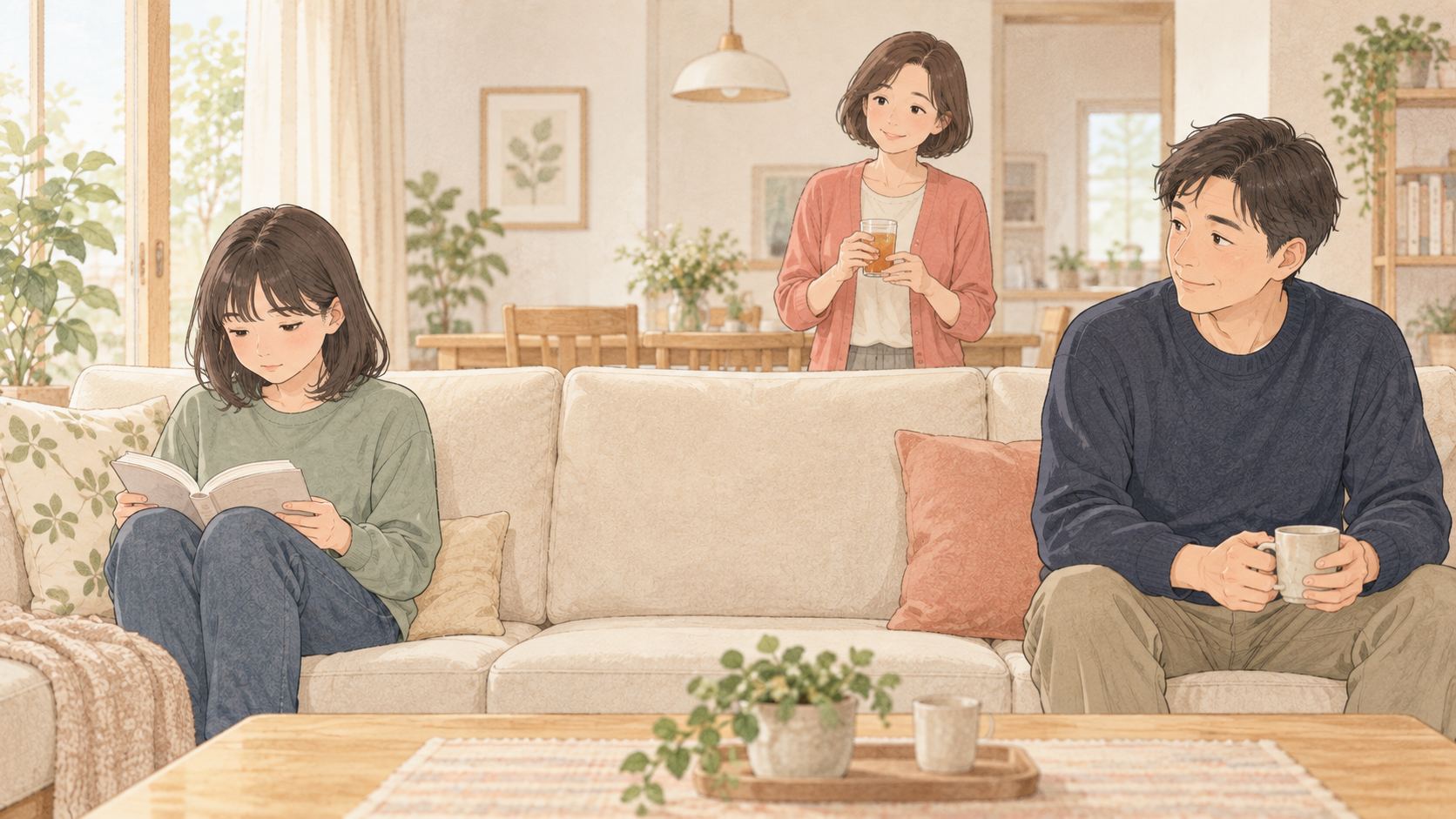 思春期の娘と父親の距離をそっと見守る母親のイラスト
