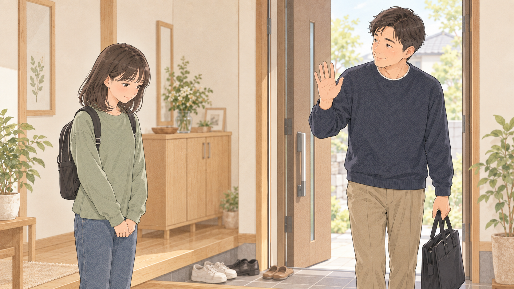朝の玄関で娘にあいさつする父親のイラスト