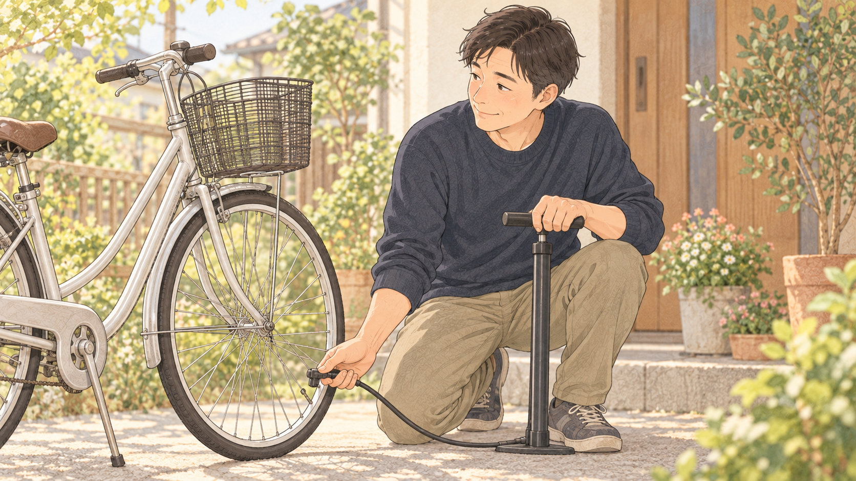 娘の通学用自転車のタイヤに空気を入れる父親のイラスト
