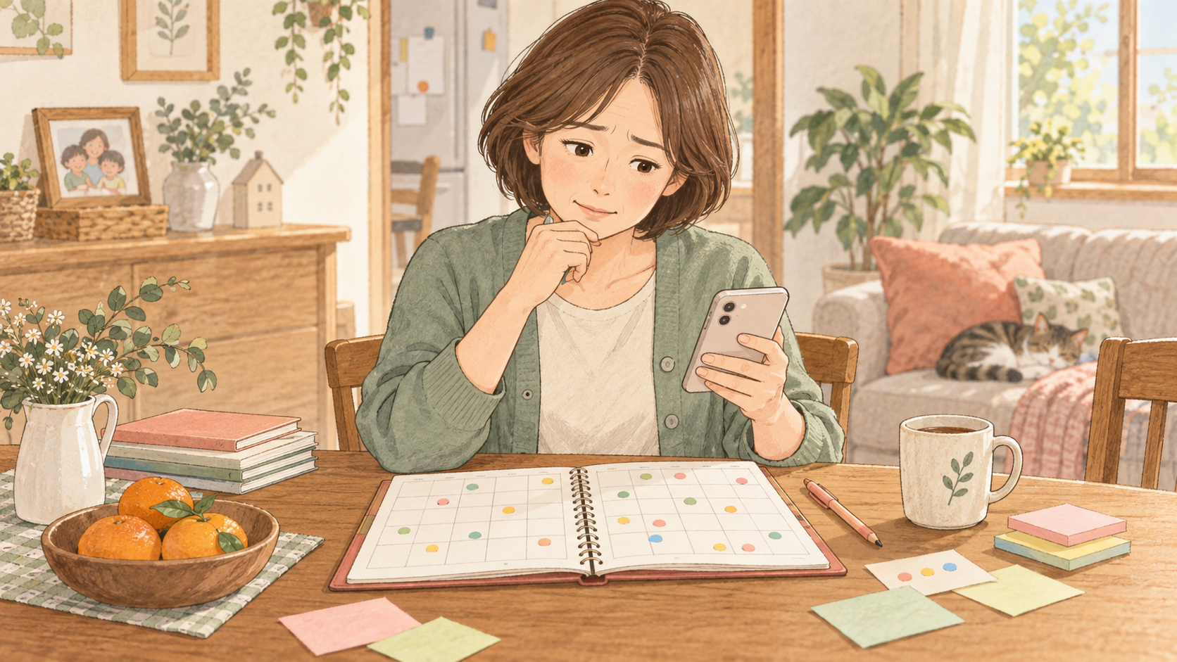 スマートフォンと予定帳で部活の保護者当番を整理する母親のイラスト