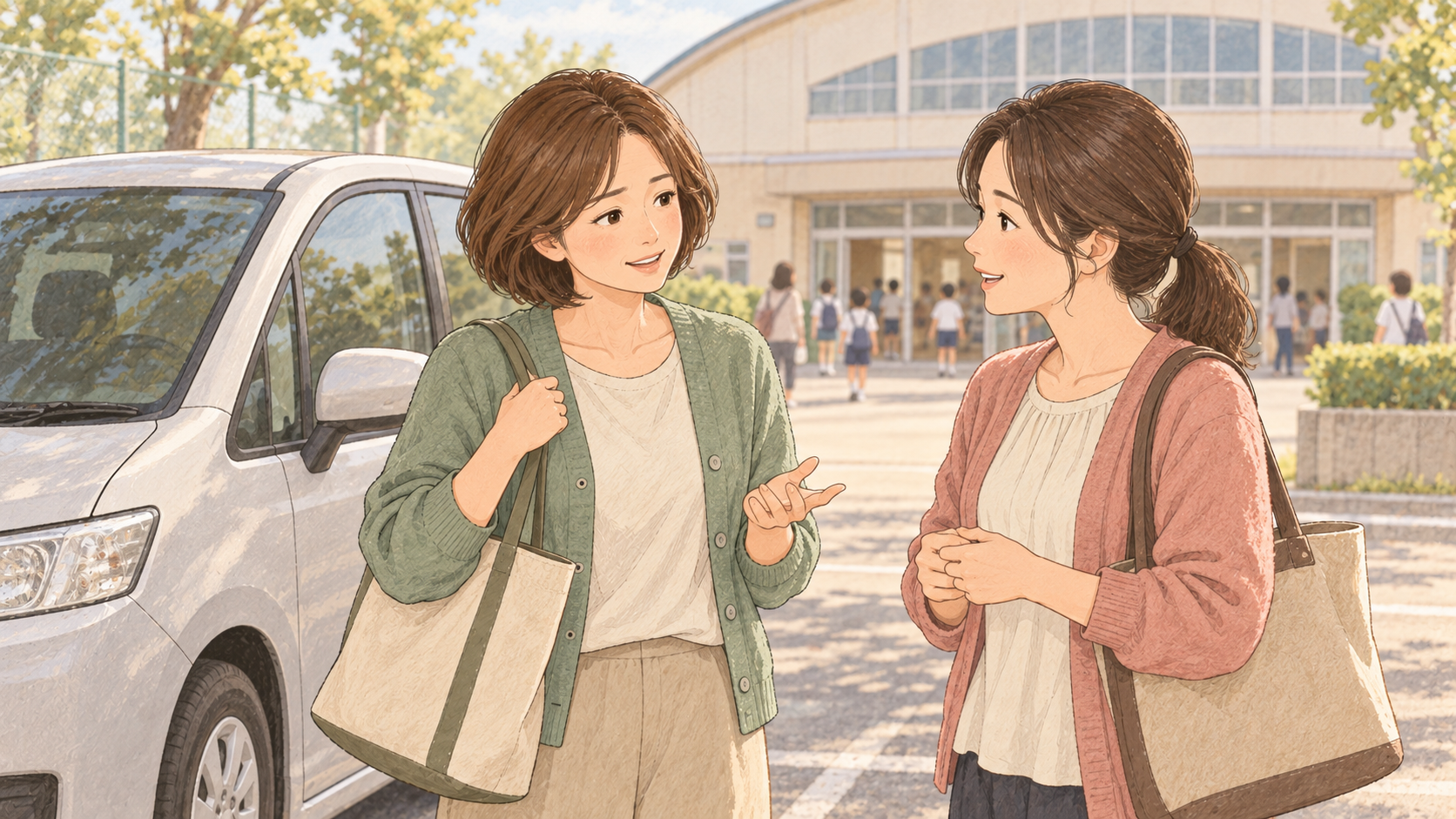 体育館前で送迎の分担を相談する保護者のイラスト