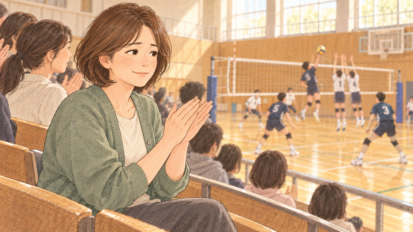 観客席からバレーボールの試合を応援する母親のイラスト