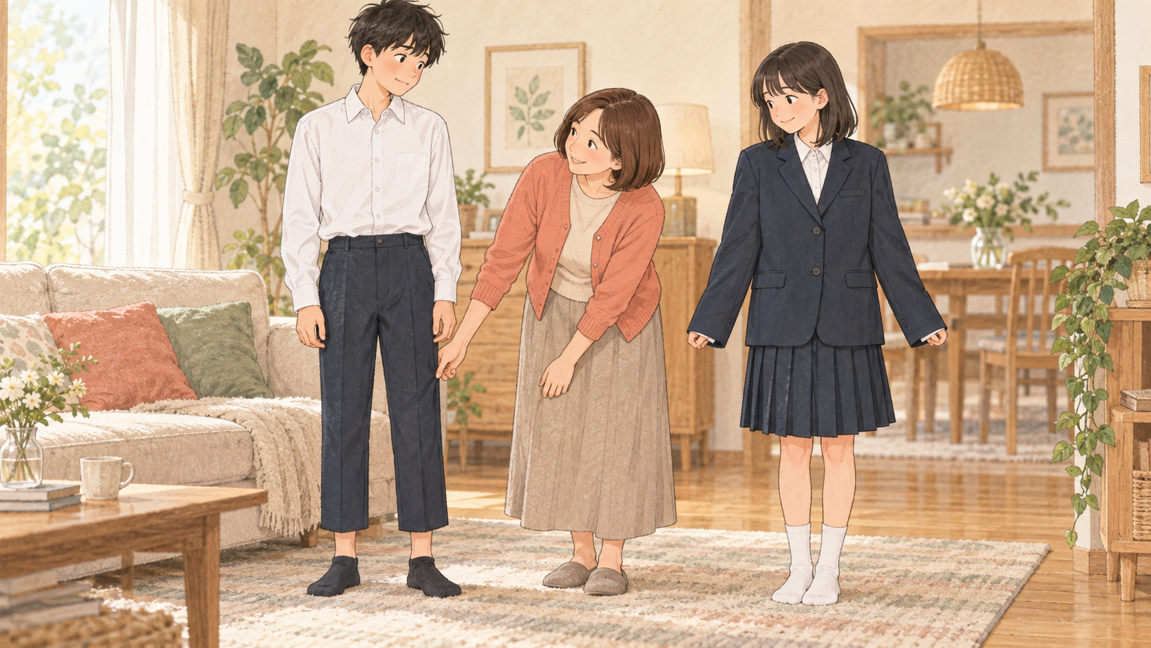 冬の制服を試着してサイズを確かめる中高生と母親のイラスト
