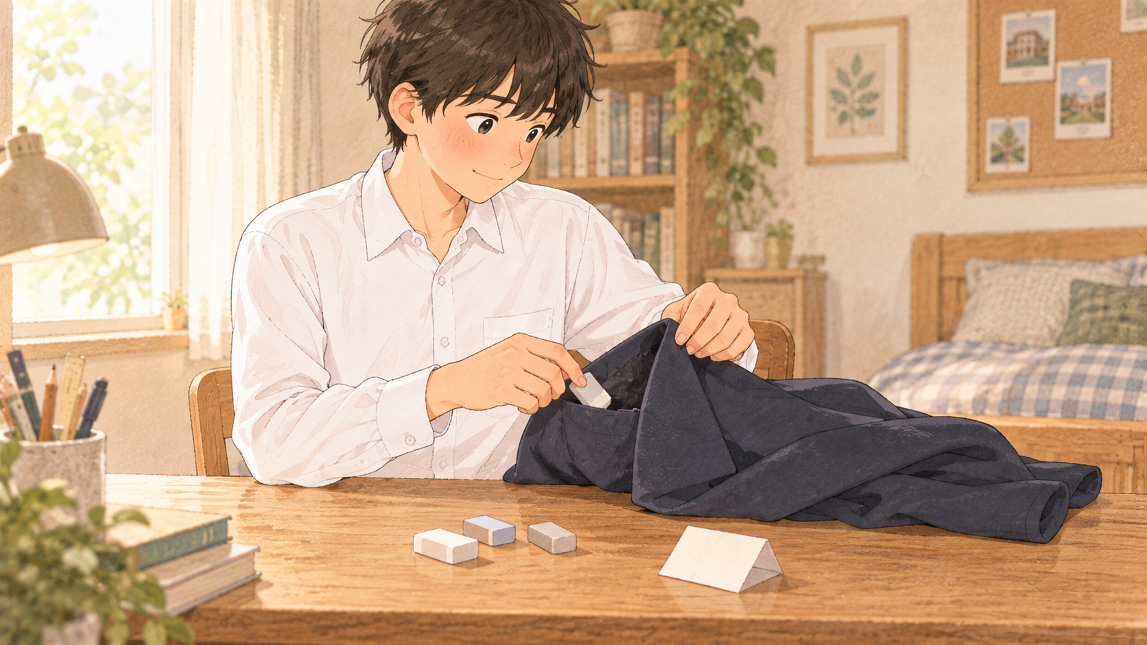 制服の上着のポケットから紙や消しゴムを取り出す高校生のイラスト