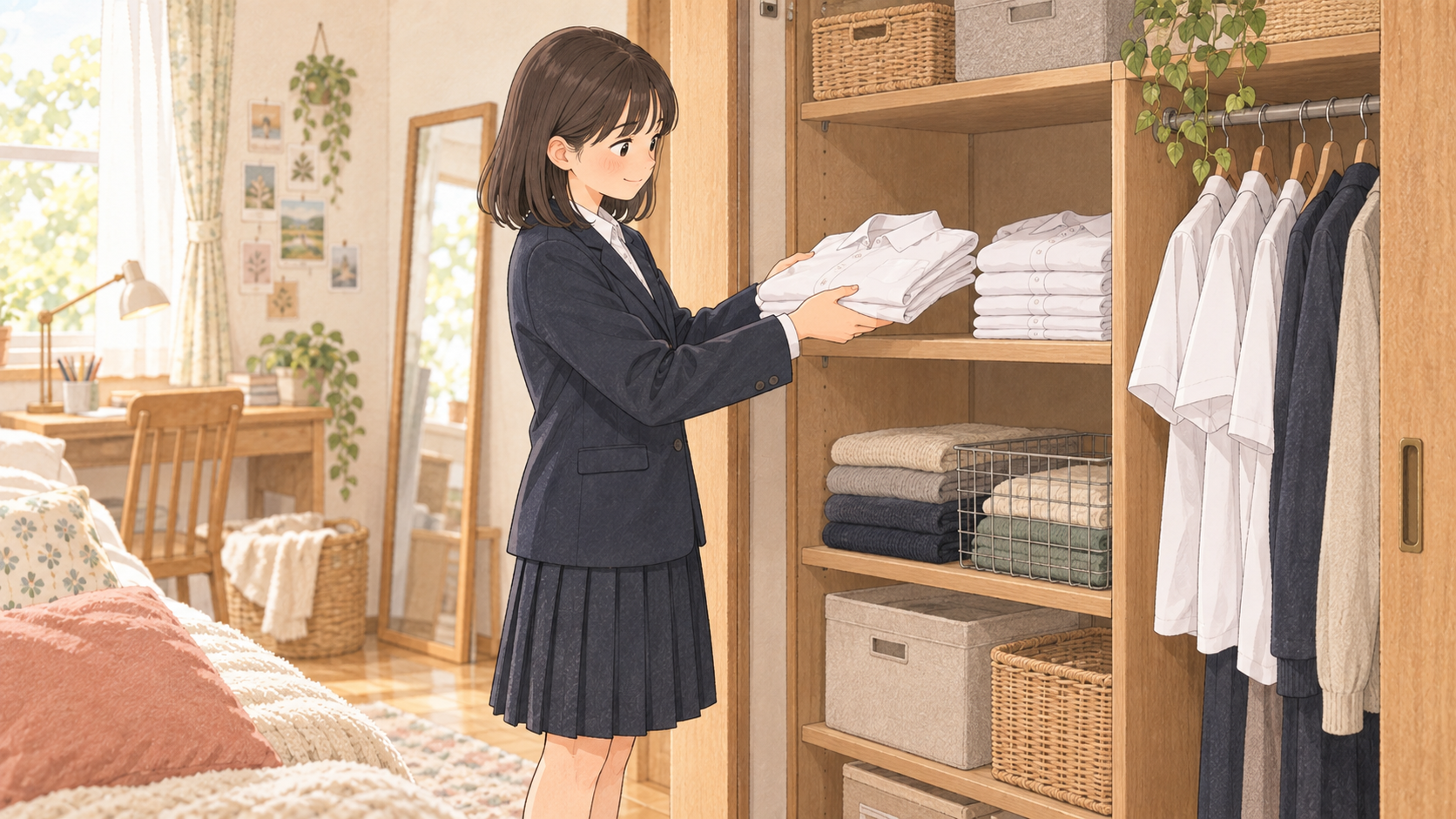 畳んだ夏のシャツをクローゼットにしまう中学生の娘のイラスト