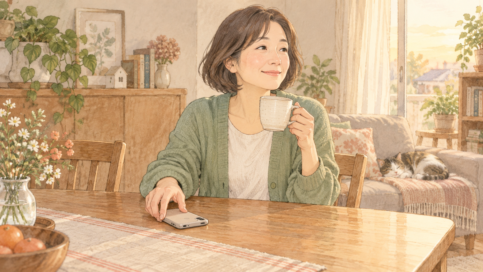 スマートフォンを置いて温かい飲み物でひと息つく母親のイラスト