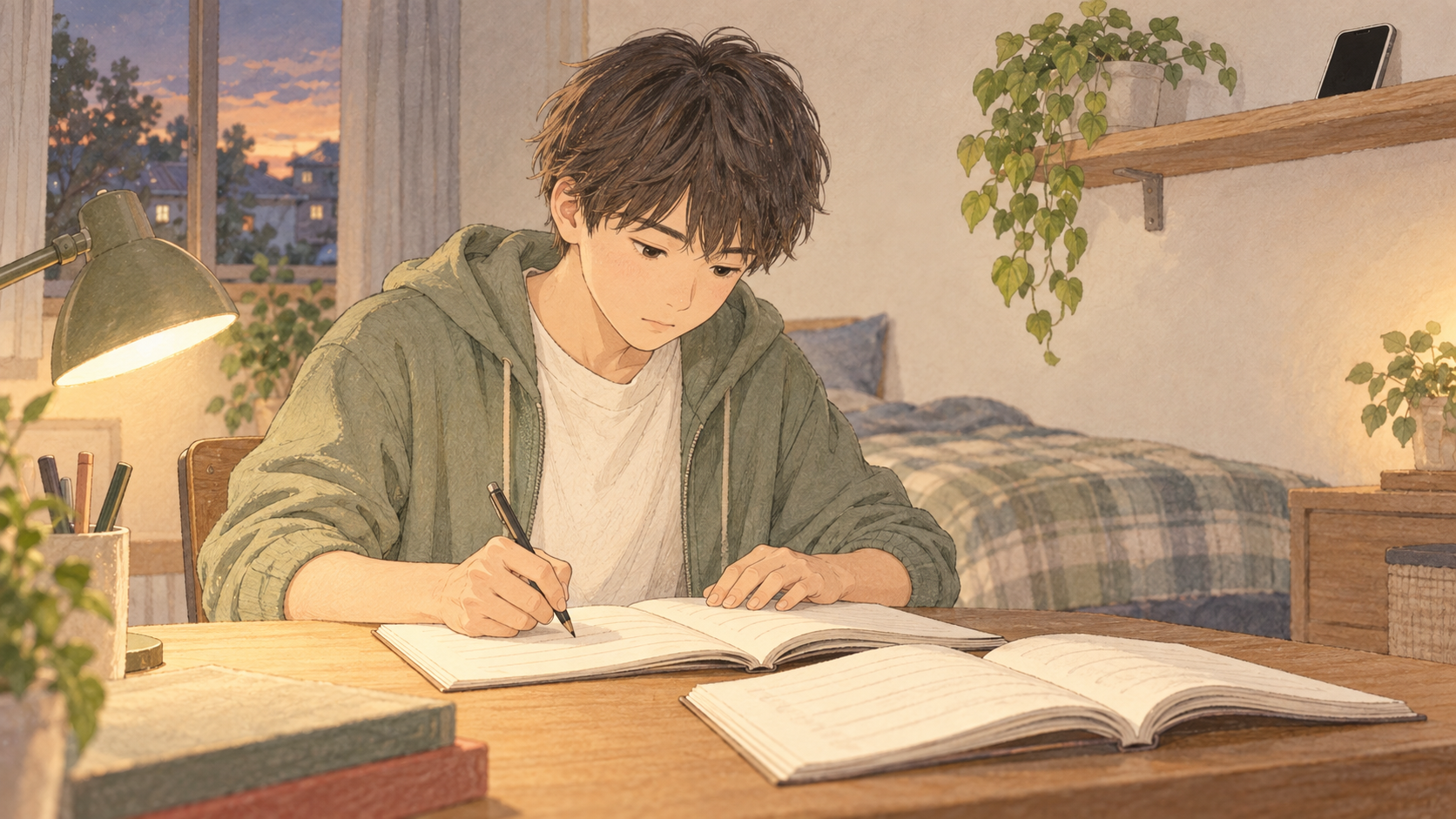 スマートフォンを棚に置いて勉強に集中する高校生のイラスト