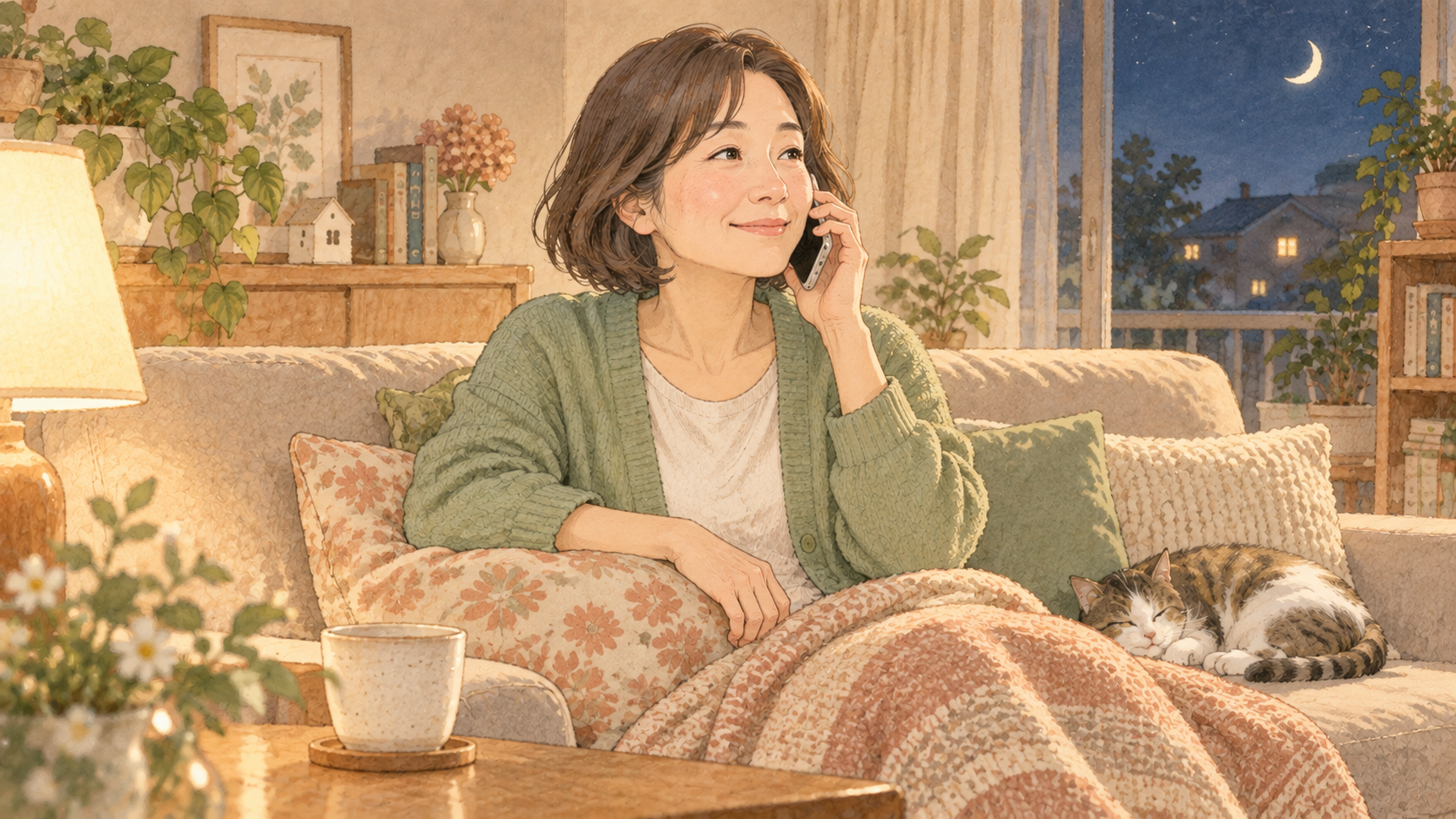 夜のリビングで離れて暮らす娘と電話する母親のイラスト