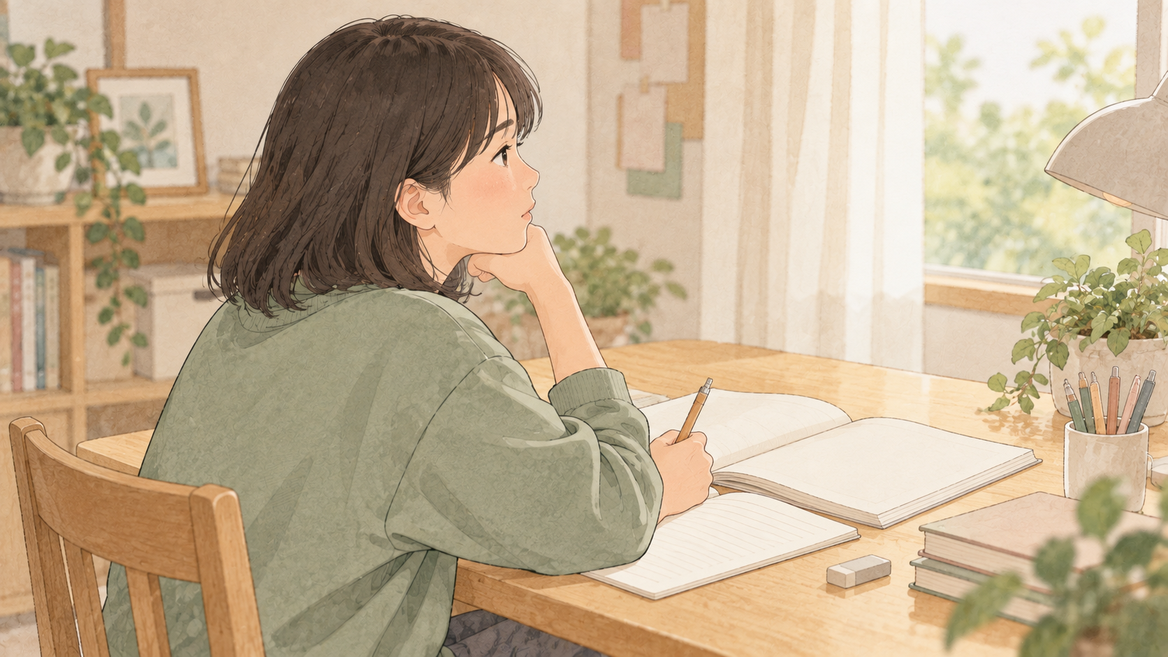 ノートを開いて勉強する中学生の娘のイラスト
