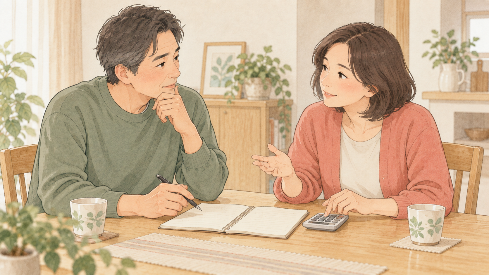 塾の予算を家計ノートで相談する夫婦のイラスト