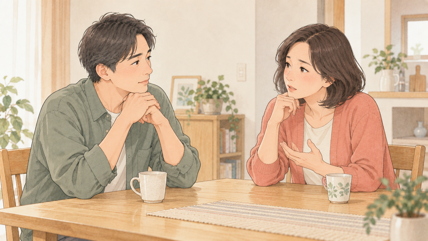 子育ての方針について穏やかに話す夫婦のイラスト