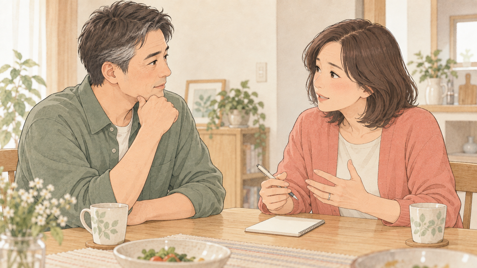 不安を伝え合いながら子育てを相談する夫婦のイラスト