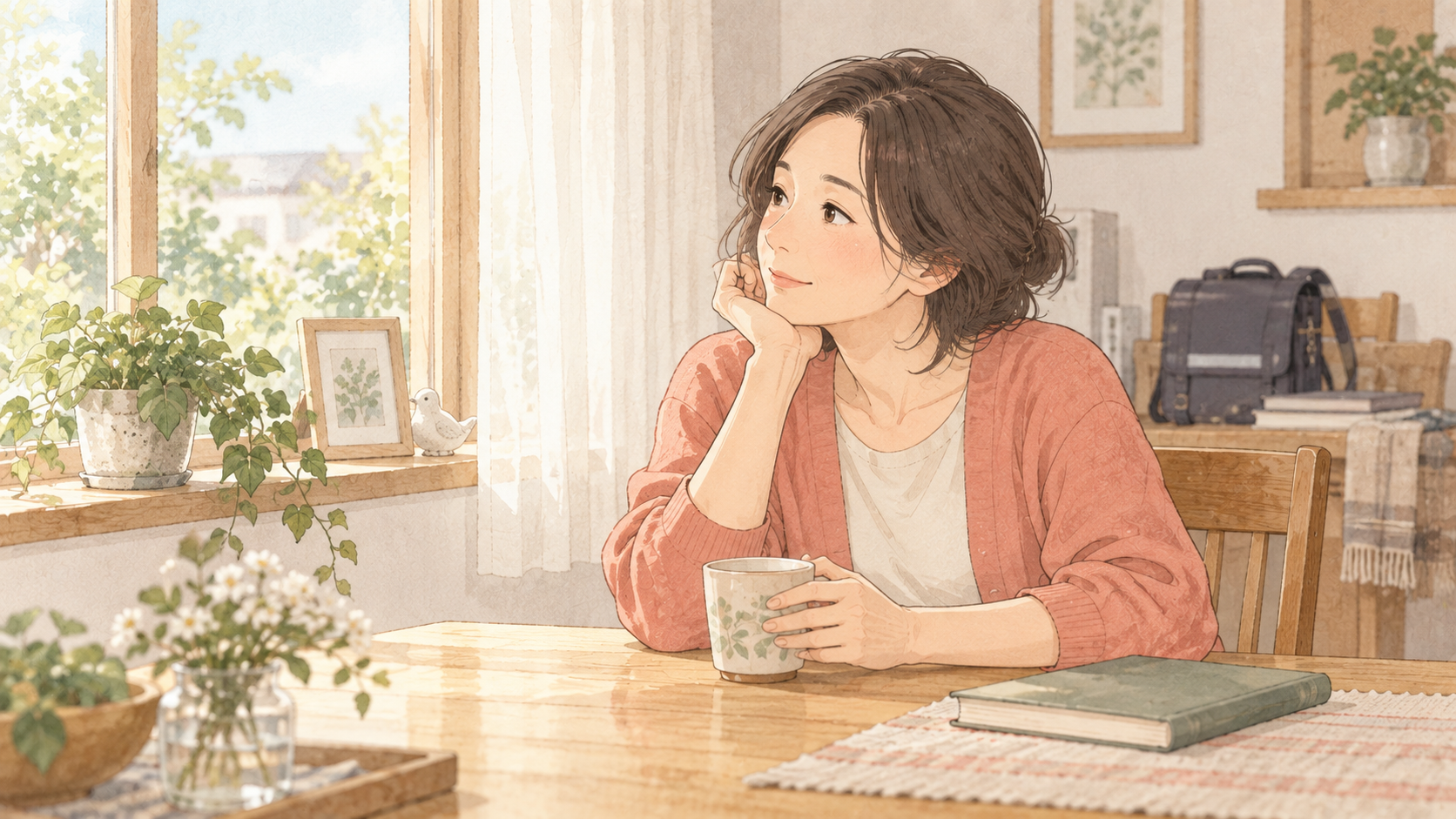 子育ての合間に肩の力を抜いて休む母親のイラスト