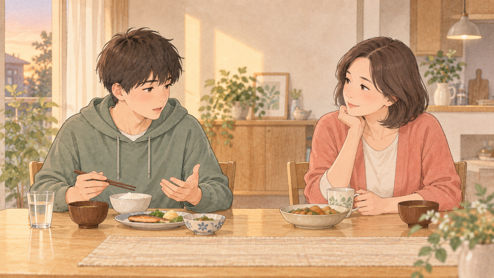 思春期の息子の話をゆっくり聞く母親のイラスト