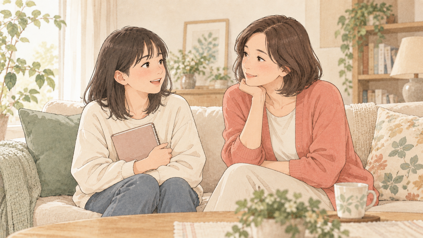 子どもの好きなことをきっかけに会話する親子のイラスト