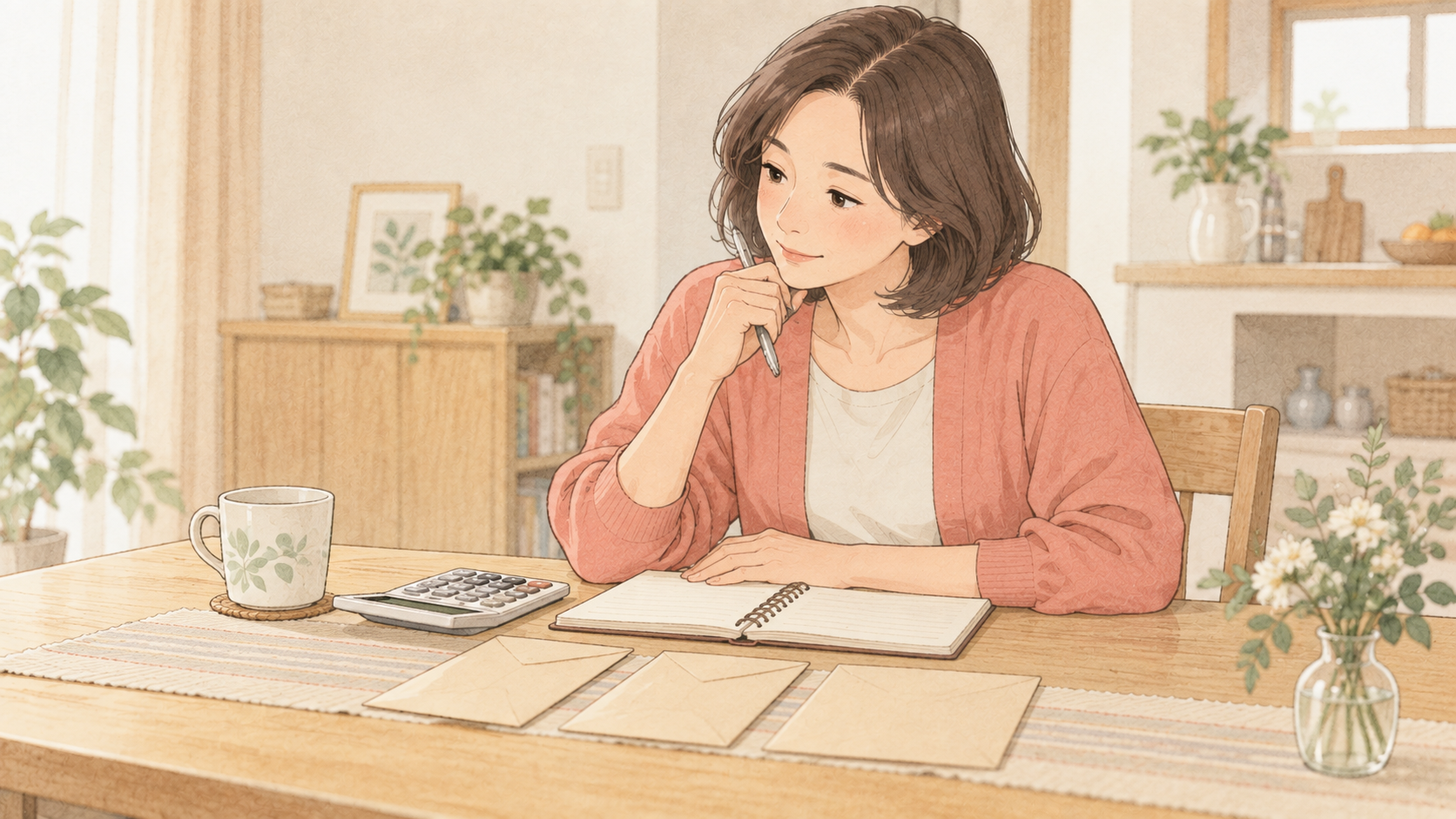 教育費のやりくりを考える母親のイラスト