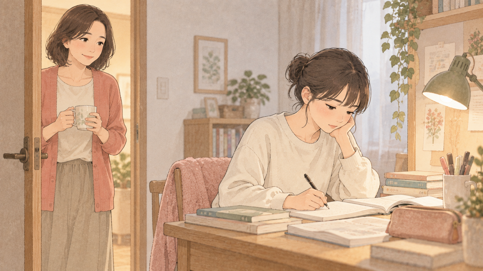 受験勉強をする娘をそっと見守る母親のイラスト
