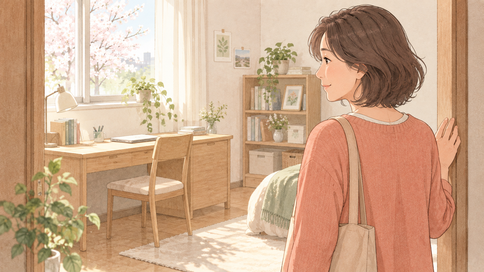 娘が巣立った部屋を見つめる母親のイラスト