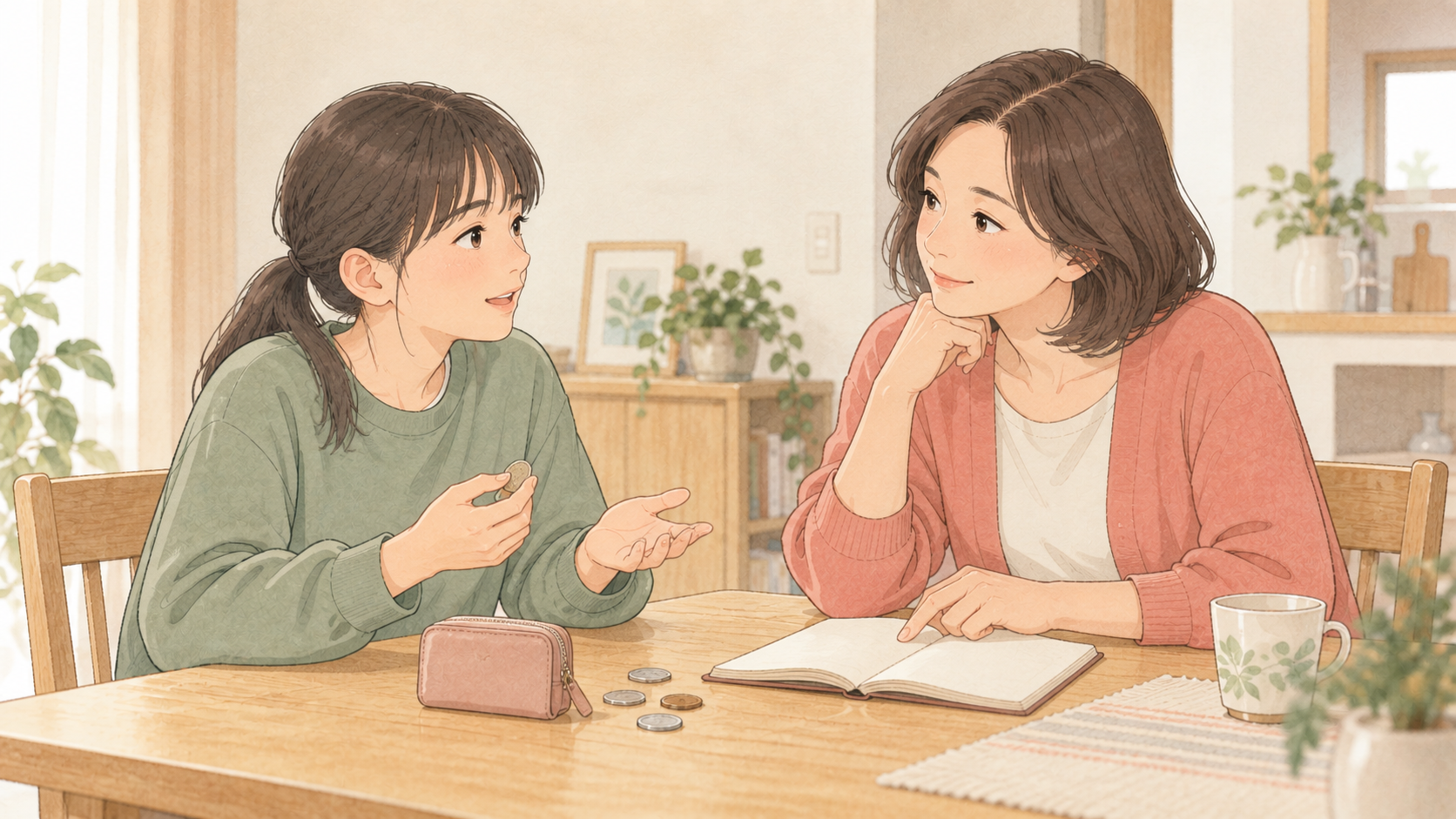 お小遣いの使い方を親子で相談するイラスト