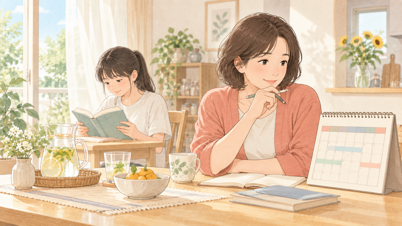 夏休みの過ごし方をゆるく考える家庭のイラスト