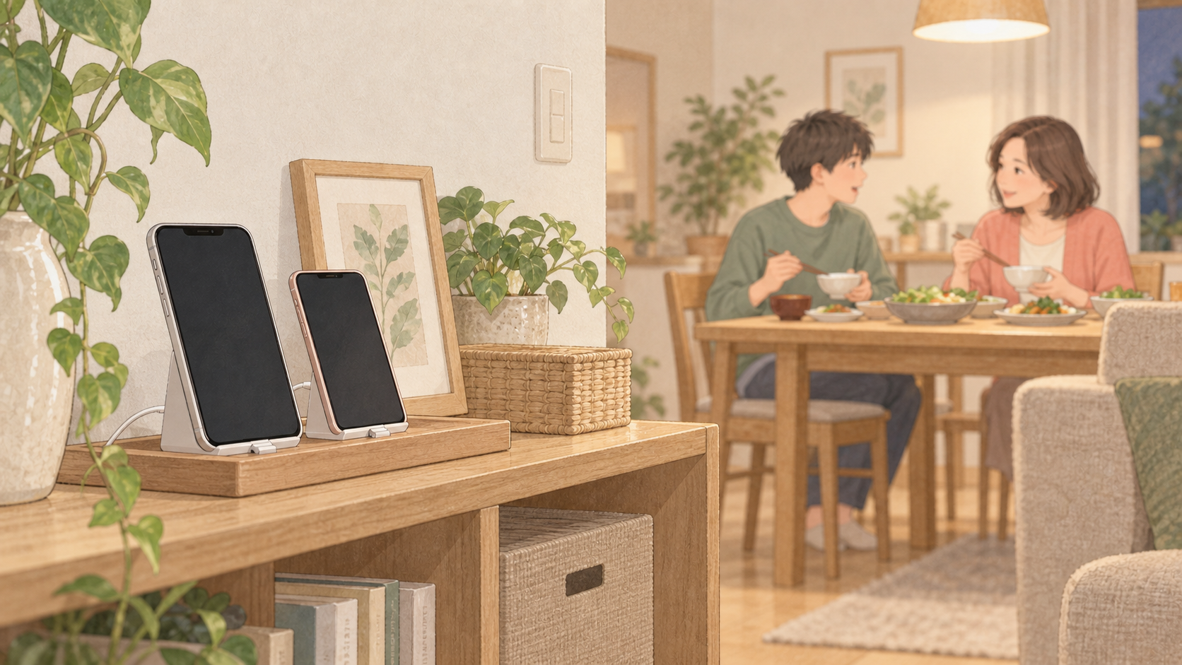 食事中はスマートフォンを充電コーナーに置くイラスト