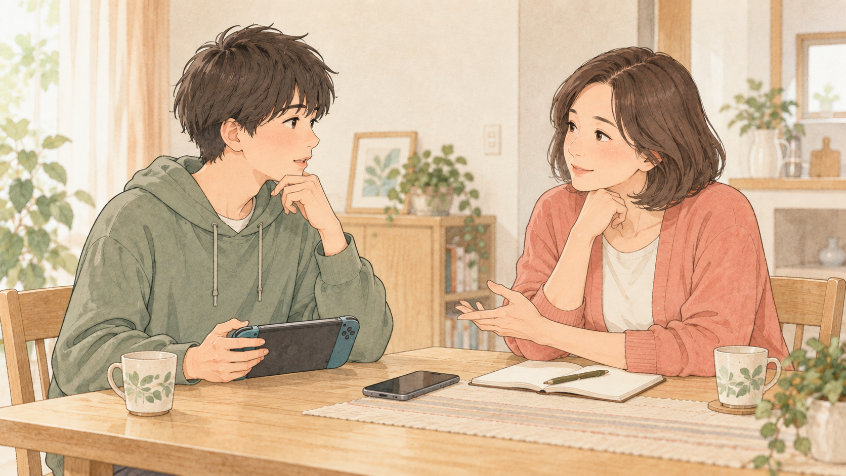 スマートフォンとゲームの使い方を相談する親子のイラスト