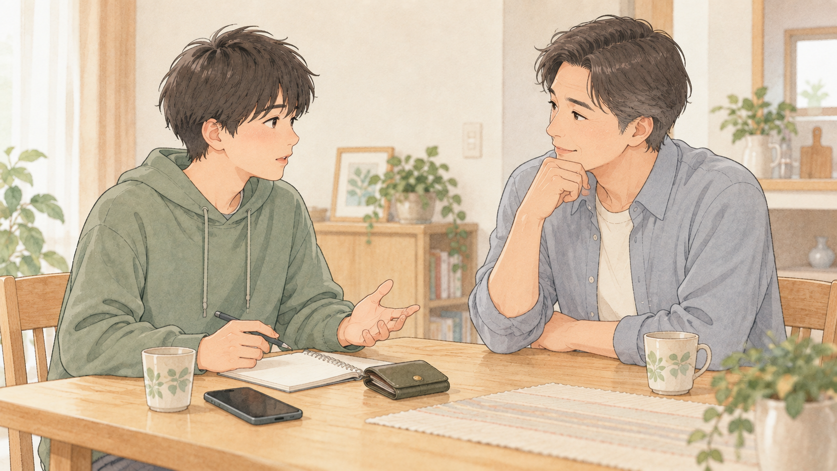 ゲームに使うお金について話す父と息子のイラスト
