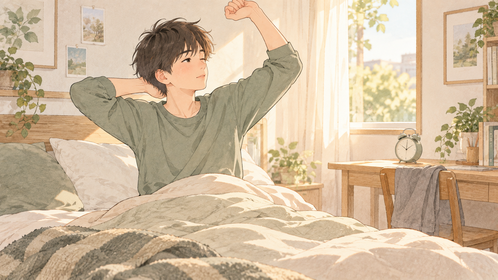 朝に自分でベッドから起きる高校生のイラスト
