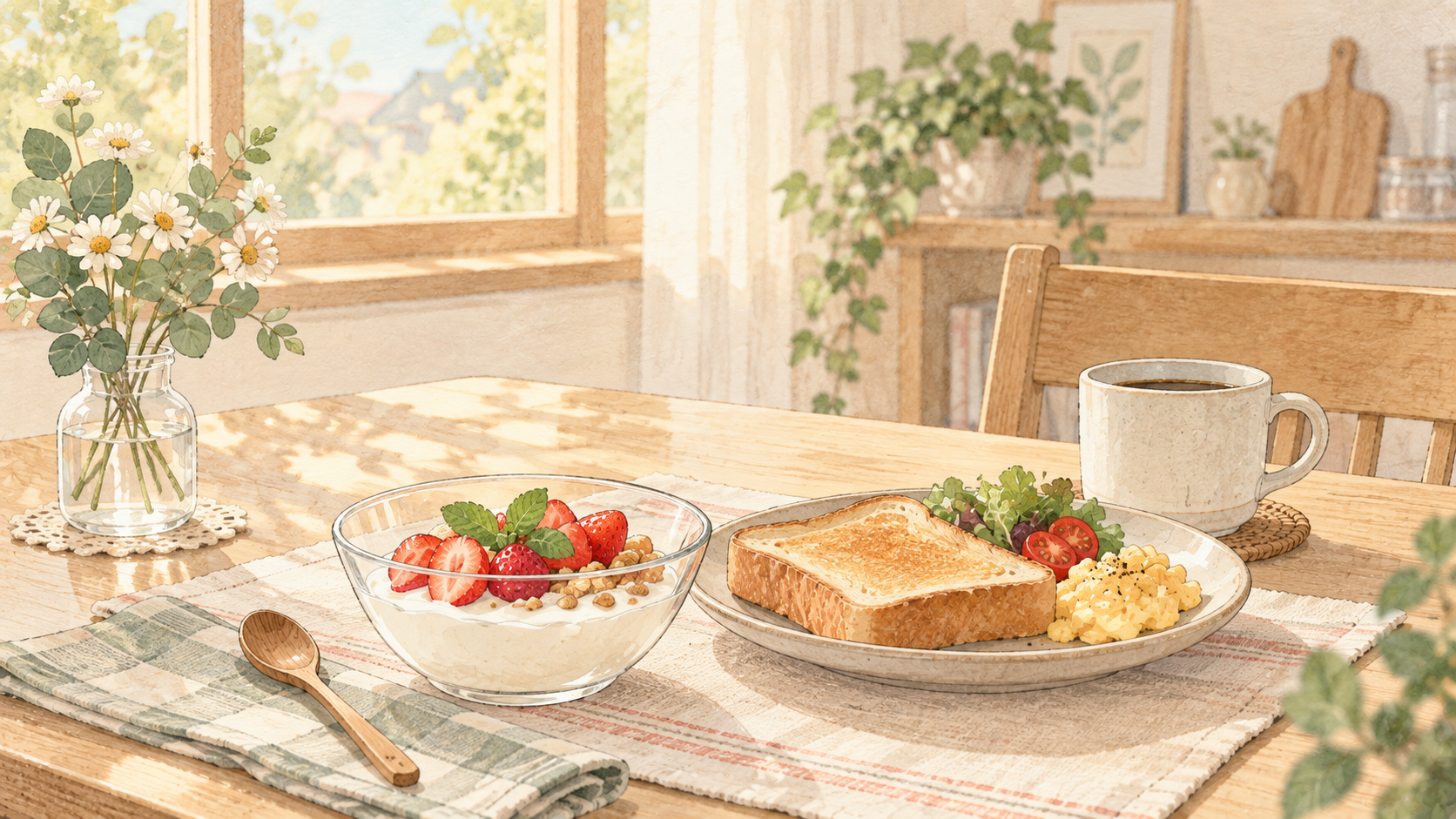 朝の楽しみに用意したいちご入りヨーグルトのイラスト