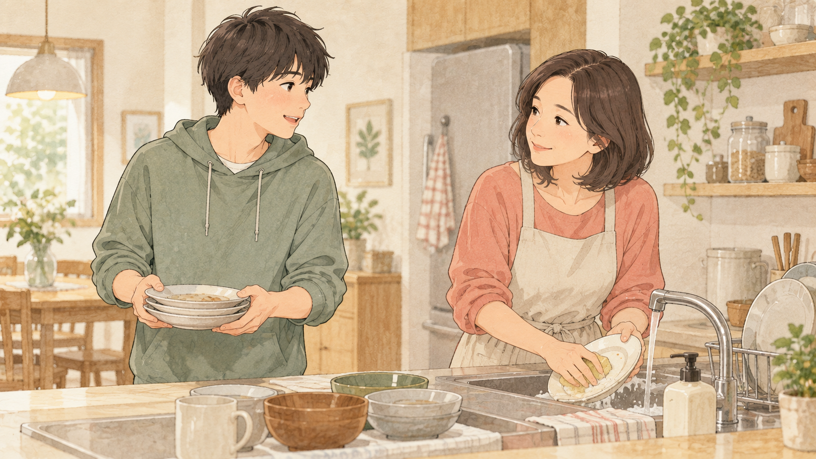 食器の片付けを分担する親子のイラスト