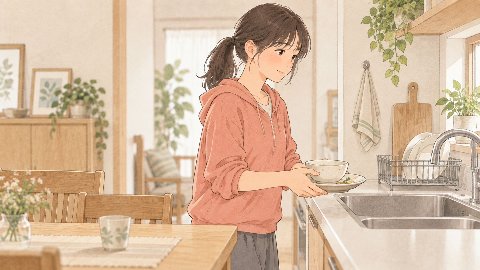 使った食器を自分で運ぶ中学生の娘のイラスト