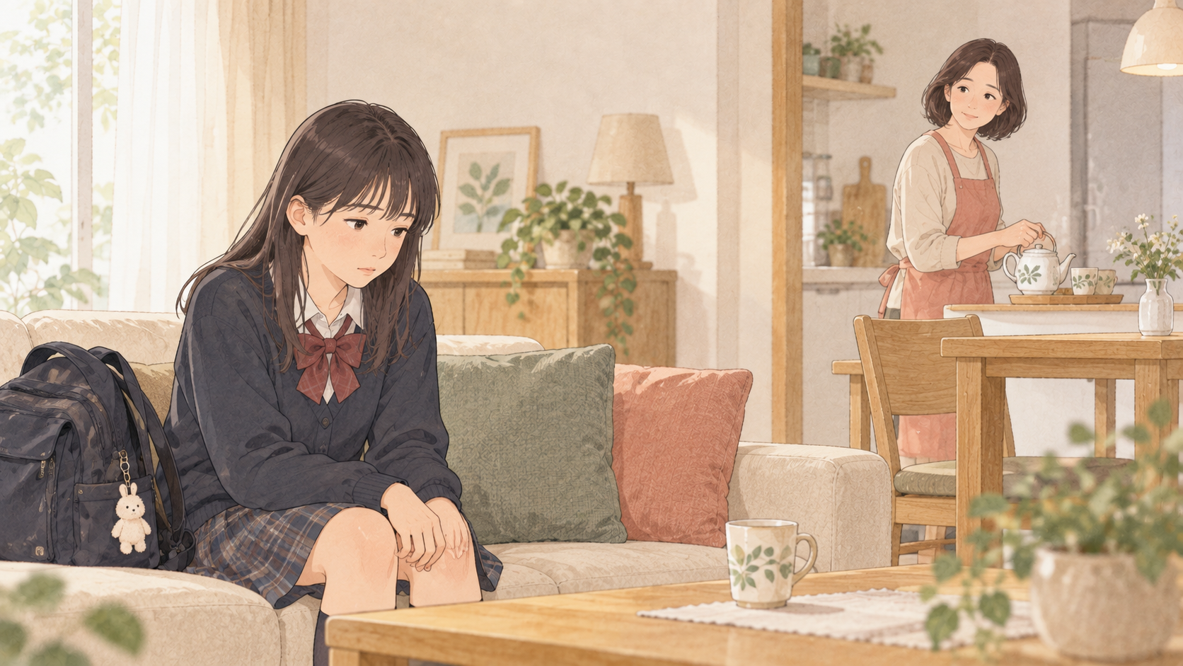 娘の気持ちが落ち着くのを待つ母親のイラスト