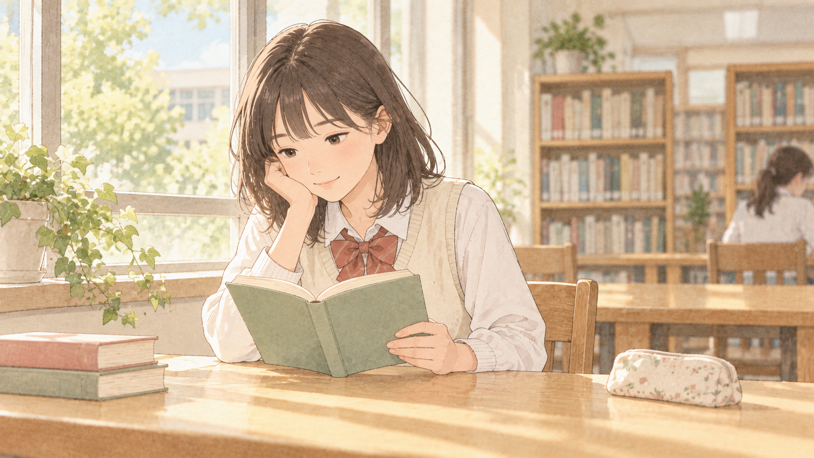 図書室で自分の時間を楽しむ中学生の娘のイラスト