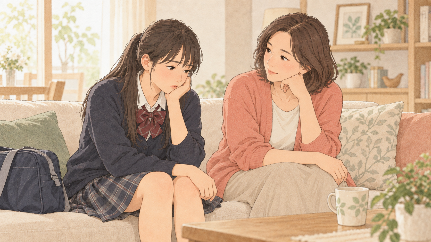 部活について悩む娘の話を聞く母親のイラスト