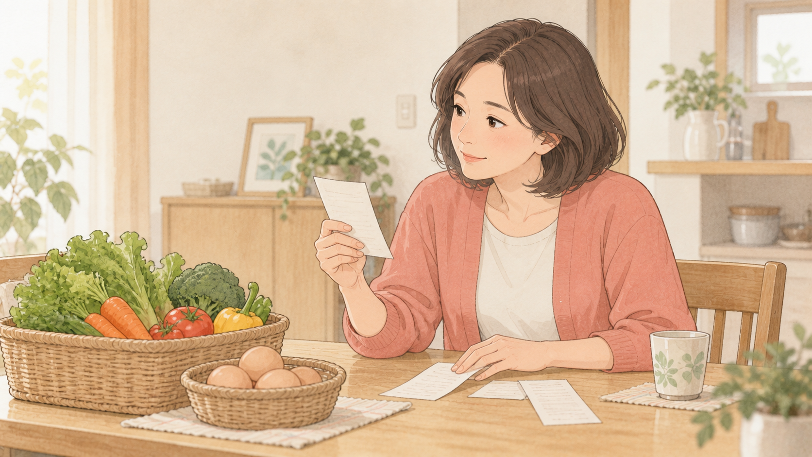 食材と買い物メモを見ながら食費を考える母親のイラスト